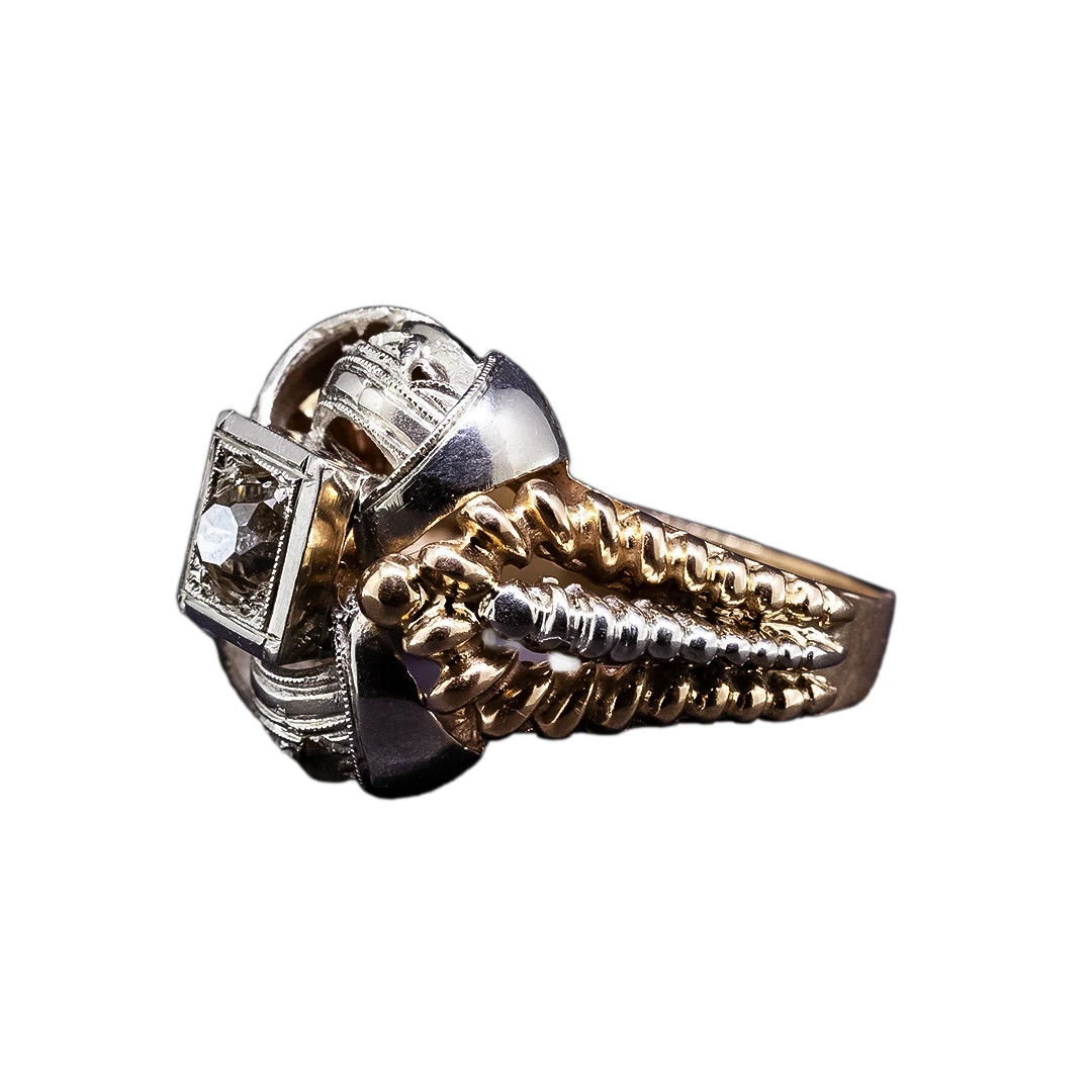 Złoty pierścionek z diamentem 0.62 ct w starym szlifie Europejskim, II połowa XX wieku