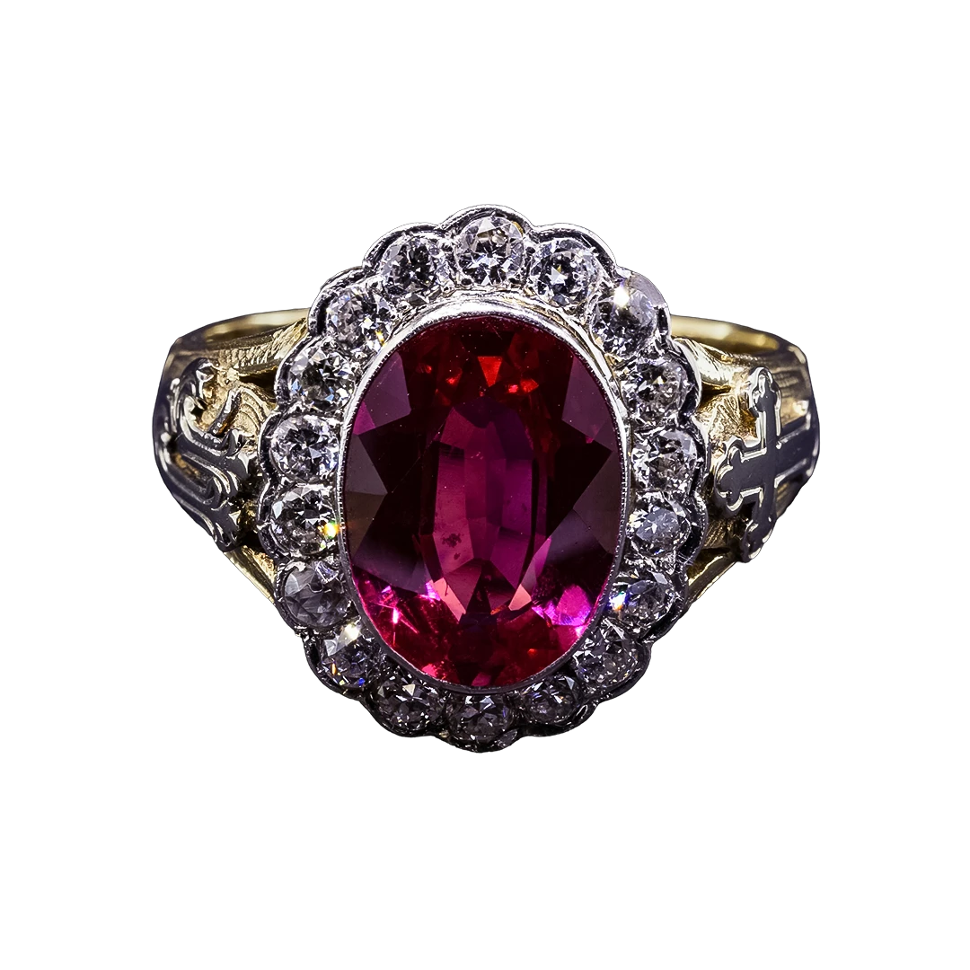 Gold, ornate signet ring with diamonds and synthetic ruby, Czechoslovakia