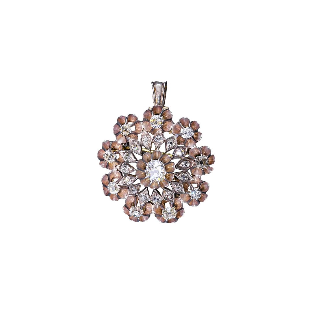 Gold brooch-pendant with Old Mine Cut diamonds, early 20th century.