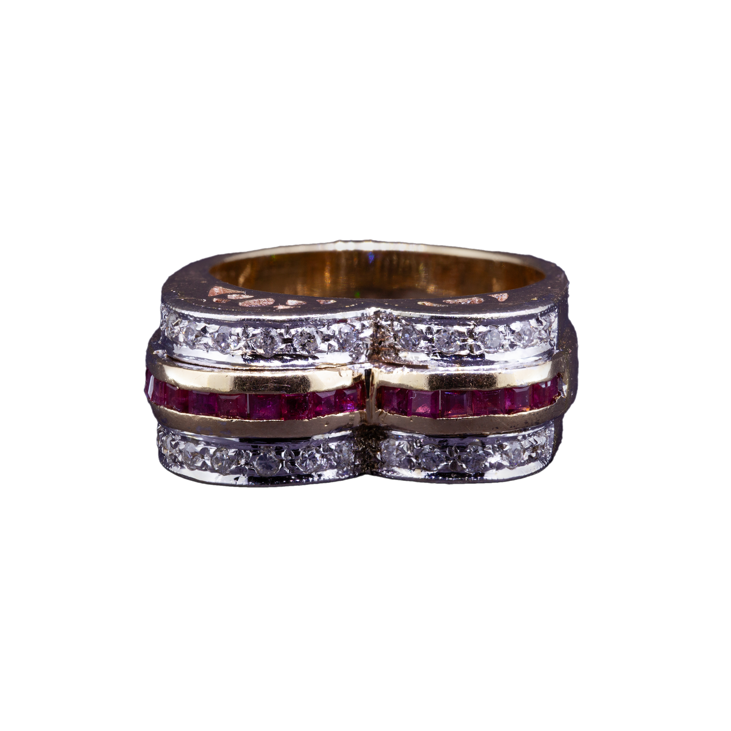 Tank gold ring with diamonds and rubies, 70s/80s, Italy