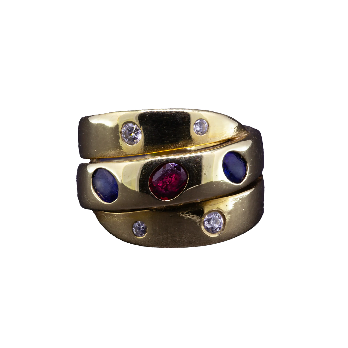 Złoty pierścionek Van Cleef & Arpels z diamentami, szafirami i rubinem, 1980s
