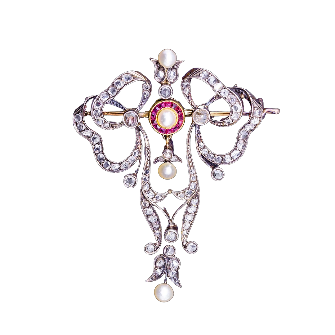Gold and silver brooch with pearls, rubies, and rose-cut diamonds, Belle Epoque