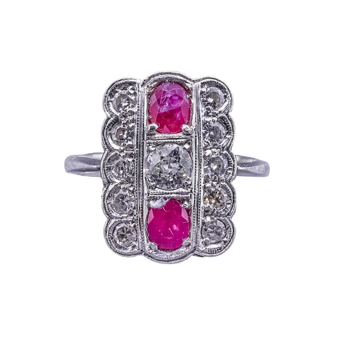 Art Deco gold ring with diamonds and rubies