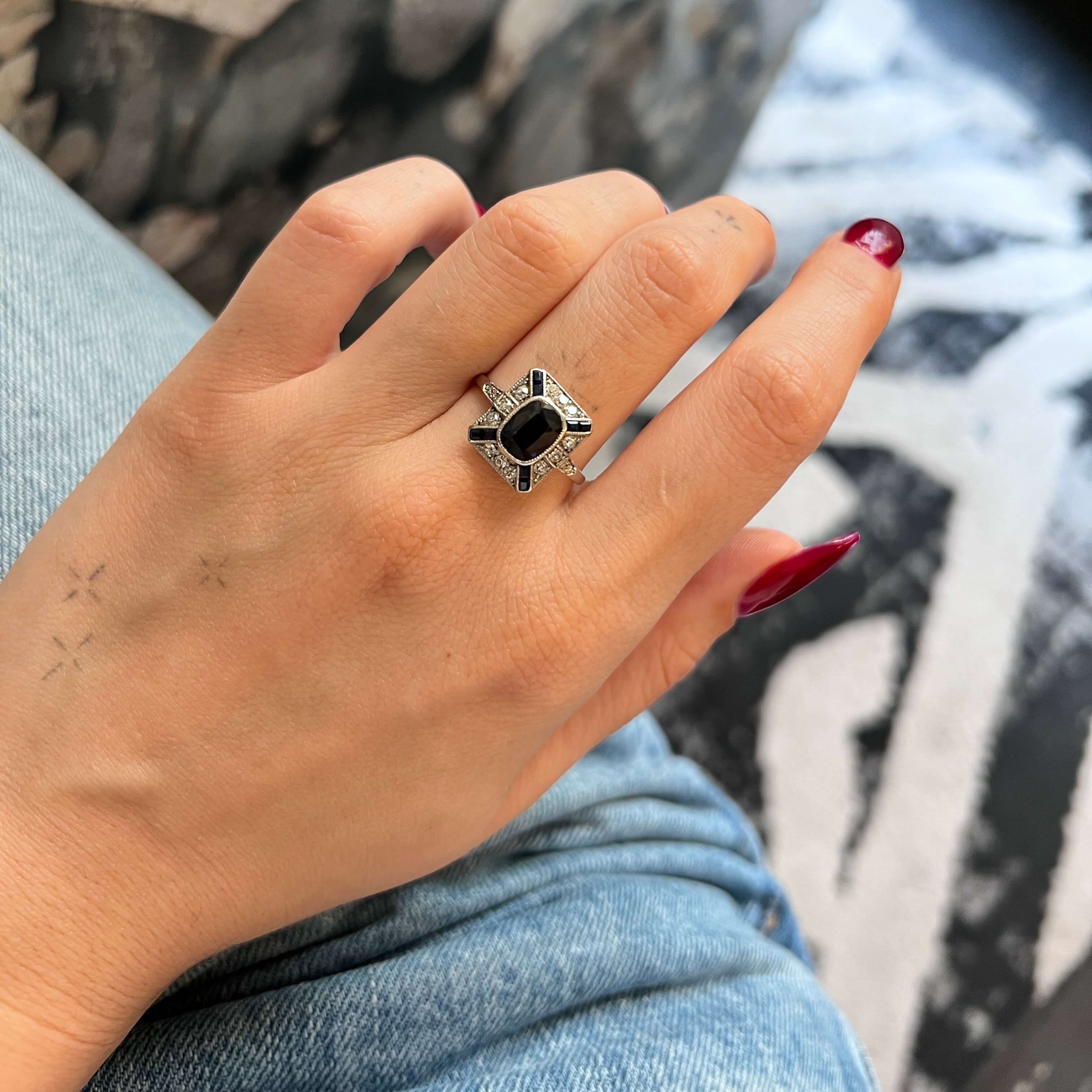 Art Deco Platinum Sapphire and Diamond Ring, 1920s