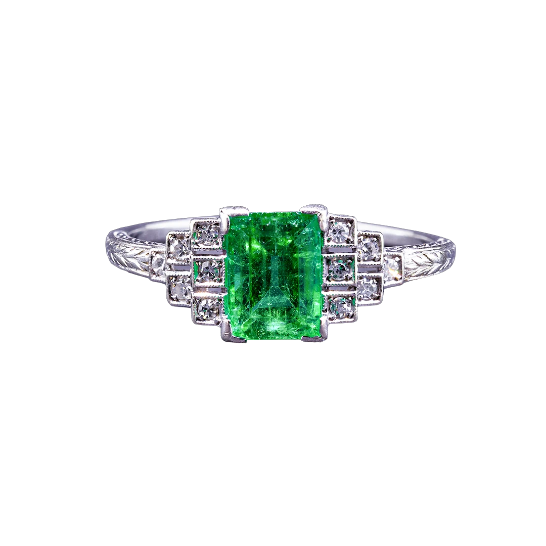 Art Deco Gold Ring with Emerald and Diamonds