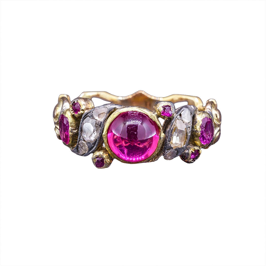 A Georgian-inspired gold ring with pink stones and diamonds