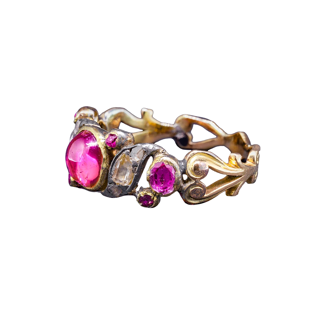 A Georgian-inspired gold ring with pink stones and diamonds