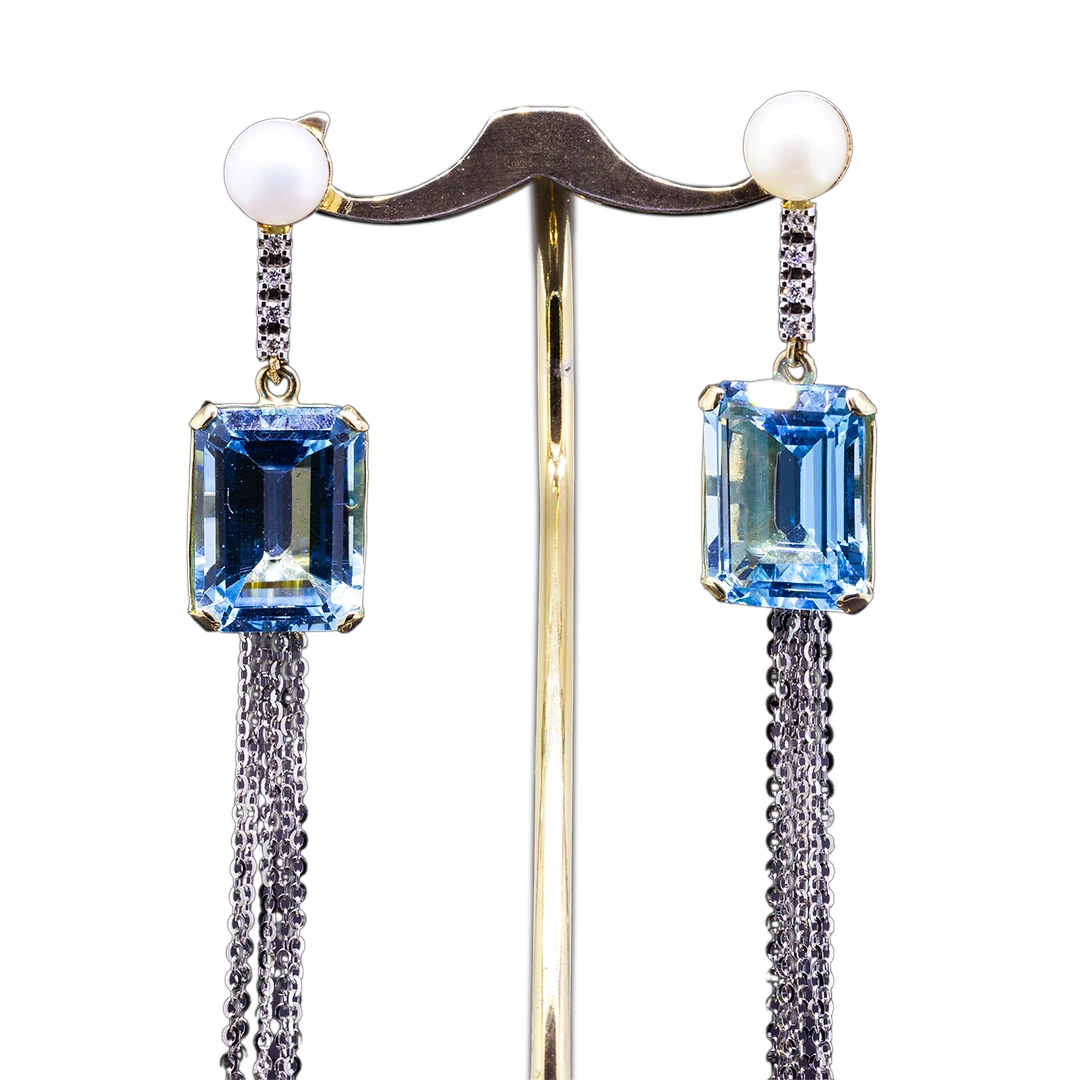 Long gold earrings with Swiss Blue topaz, diamonds, and pearls