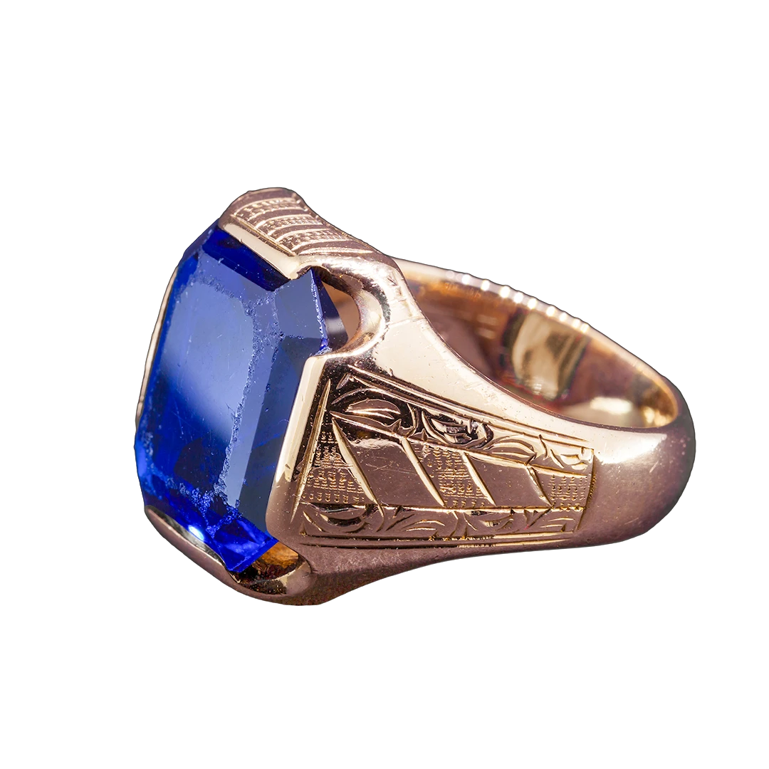 Gold signet ring with cobalt glass, 1940s-1950s