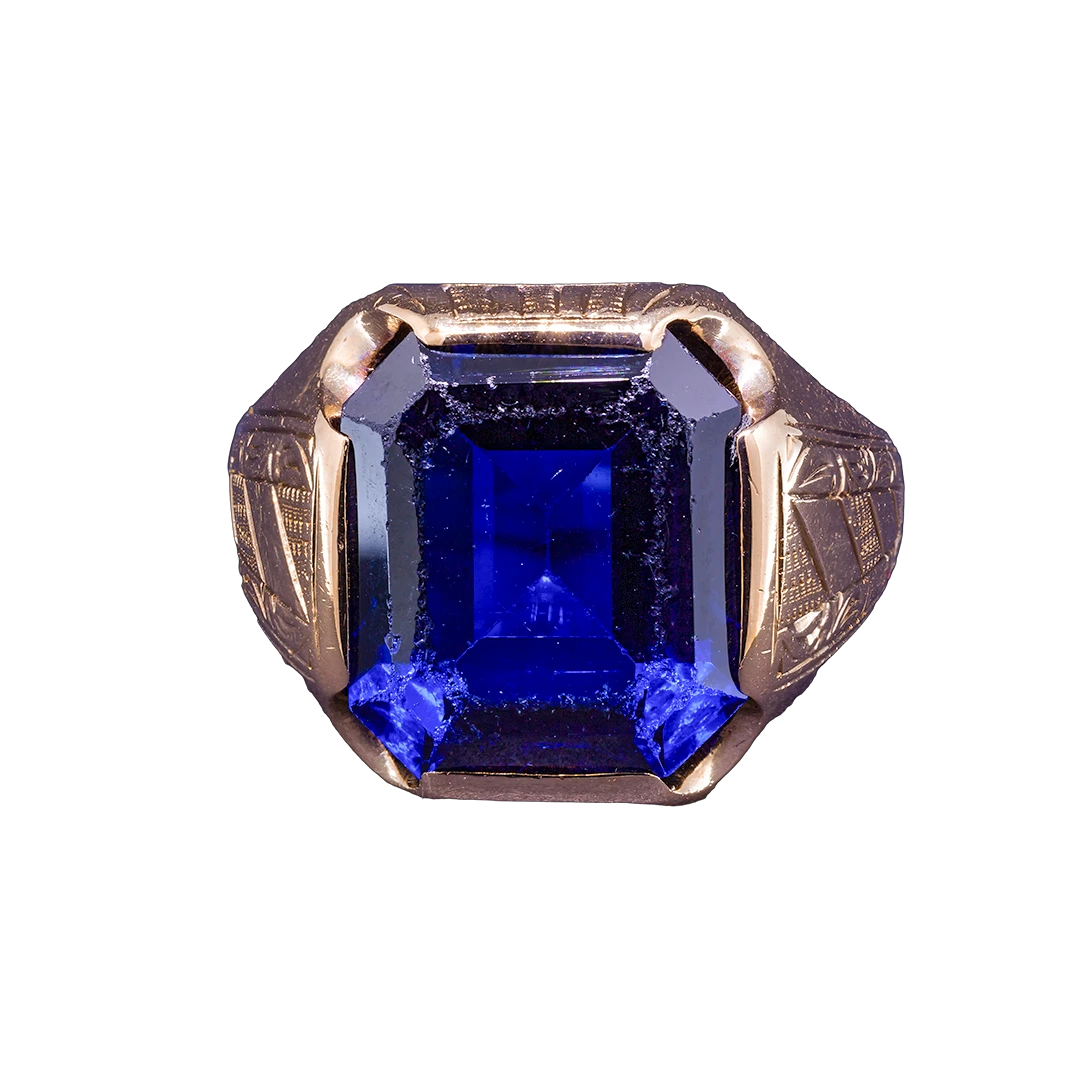 Gold signet ring with cobalt glass, 1940s-1950s
