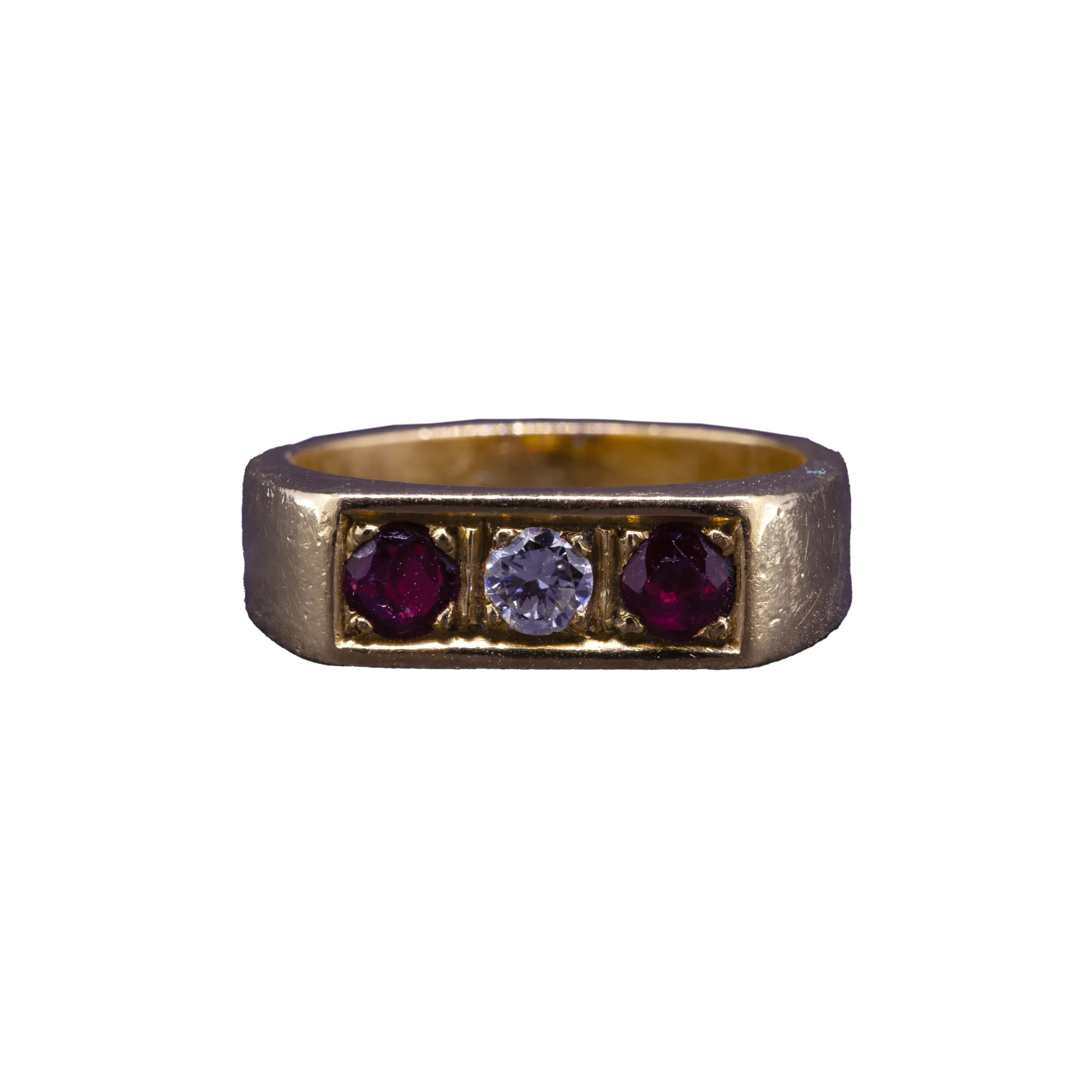 Złoty sygnet z brylantem i rubinami, Vintage, Francja