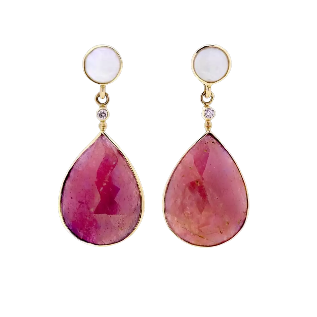 Gold earrings with faceted rubies 22.75 ct, pink diamonds and opals