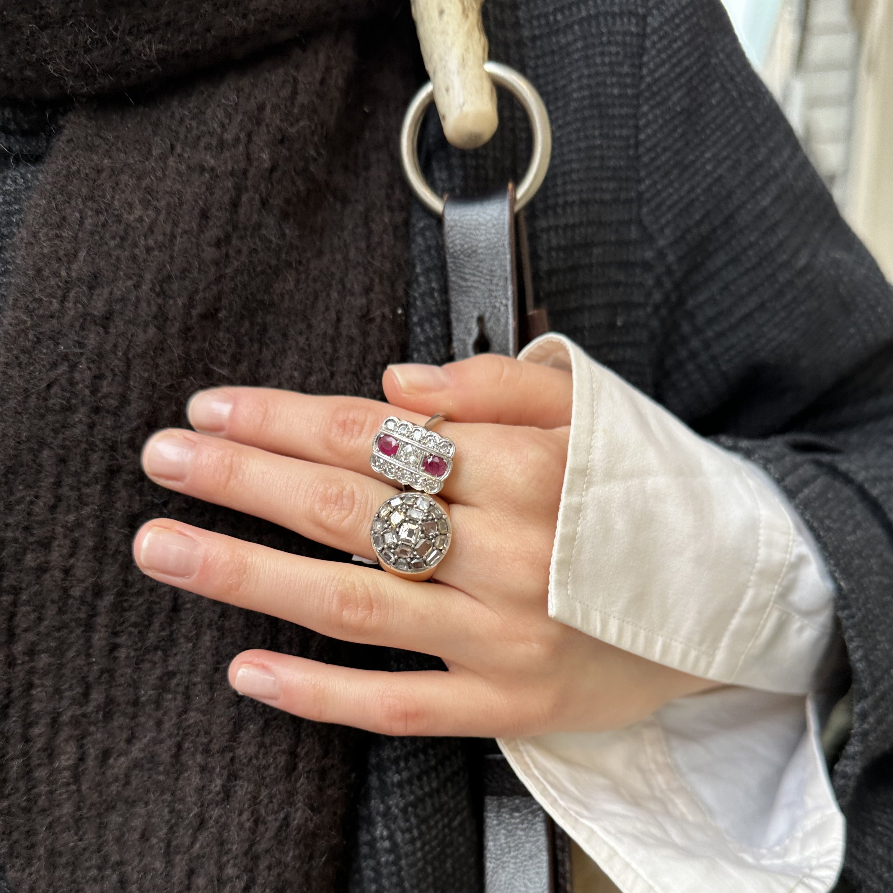 Złoty pierścionek z diamentami i rubinami, Art Deco