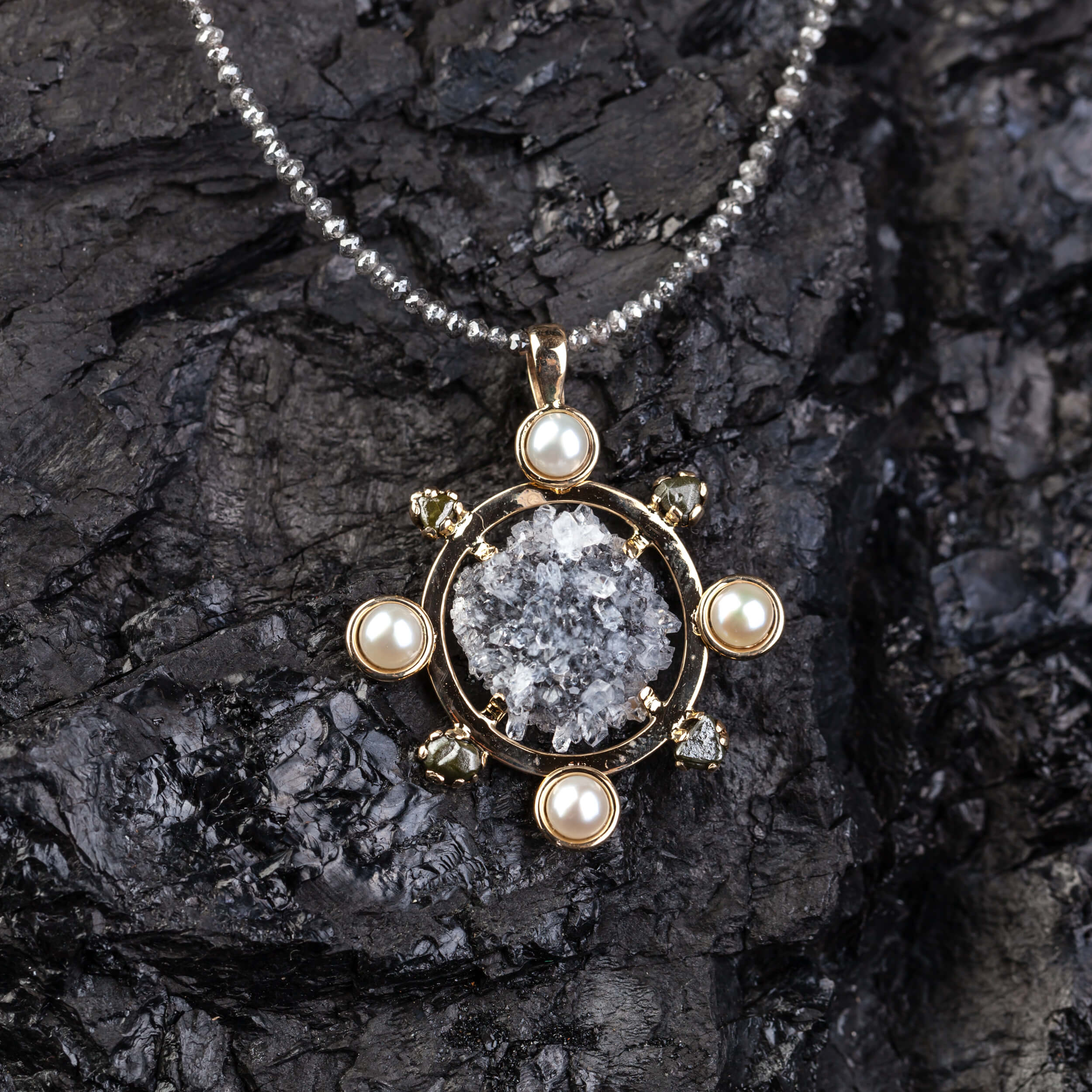 Gold pendant with raw amethyst, raw diamonds and pearls