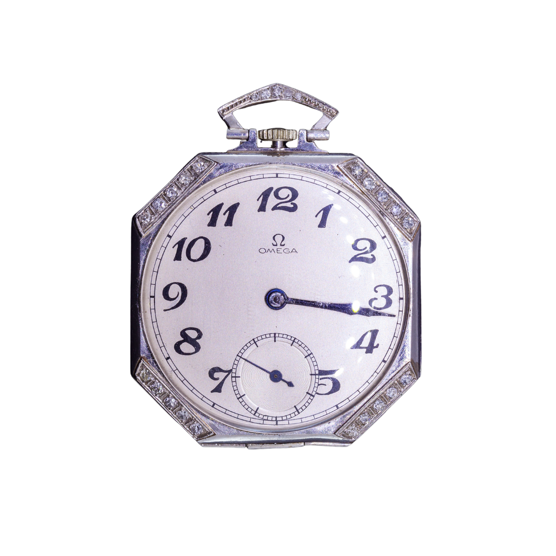 Platinum Omega diamond pocket watch, Art Deco, Swiss Made