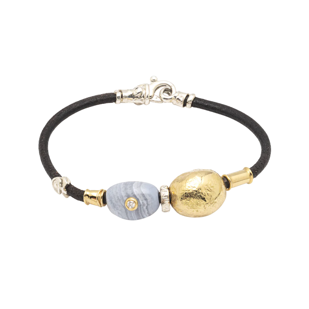 Leather bracelet with diamonds, agate, gold, and silver elements
