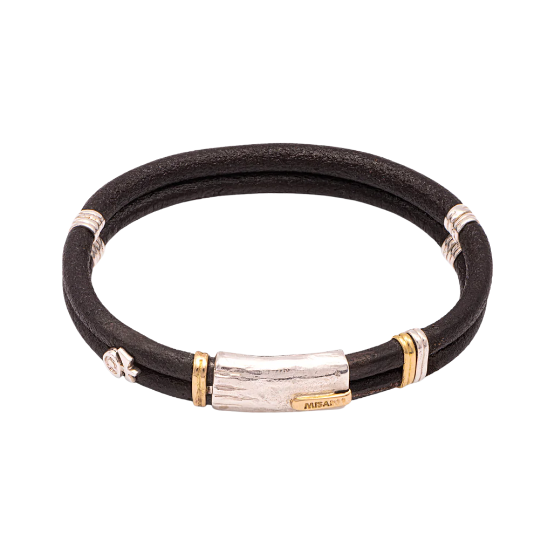 Leather bracelet with silver and gold elements