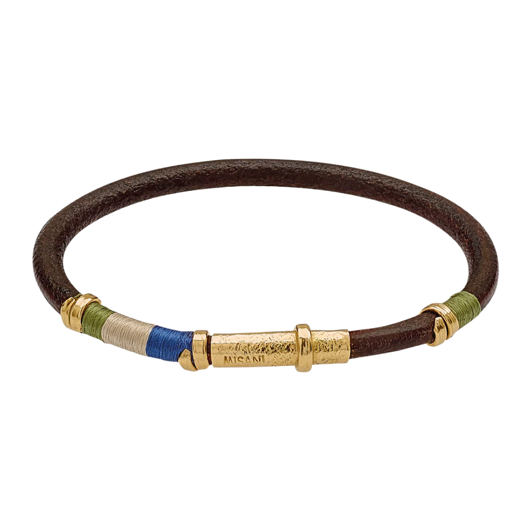 Leather bracelet with gold elements and silk threads