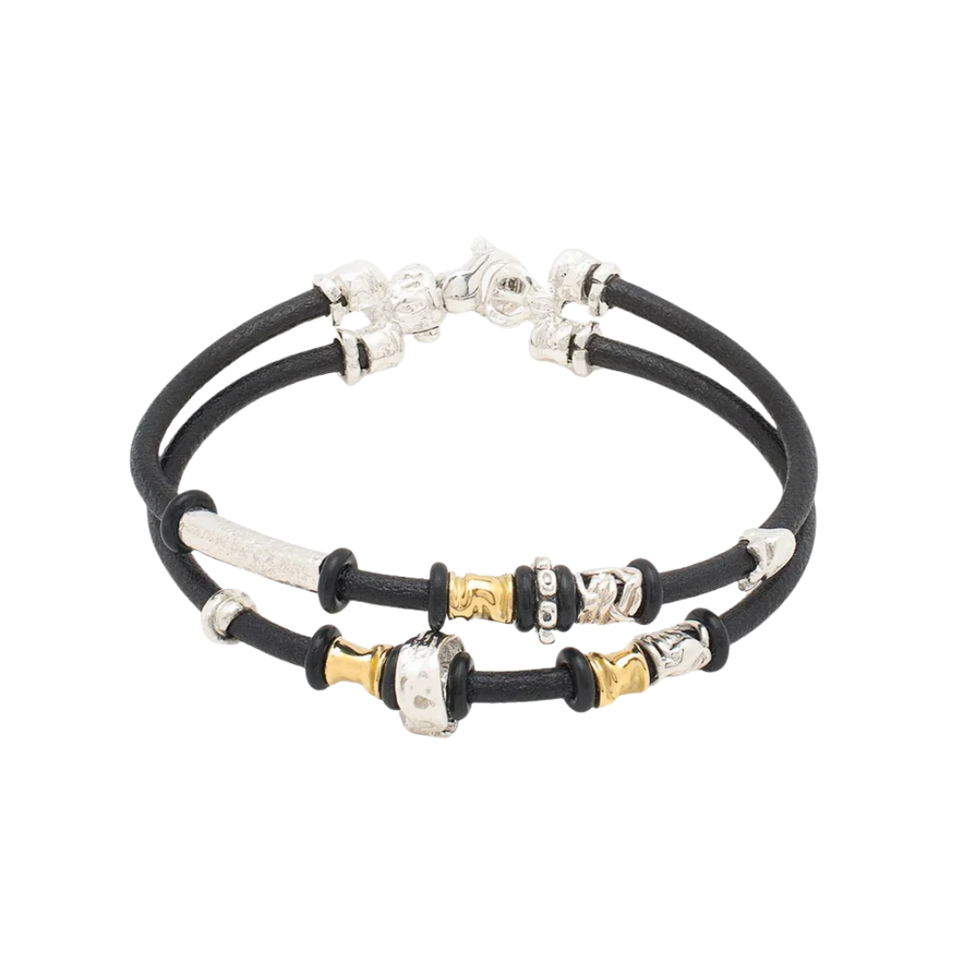 Leather bracelet with gold and silver elements