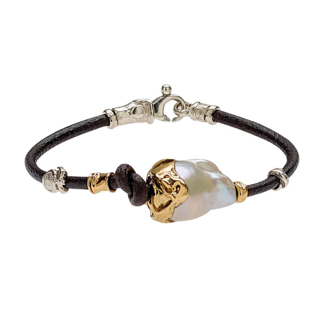 Leather bracelet with baroque pearl and gold and silver elements