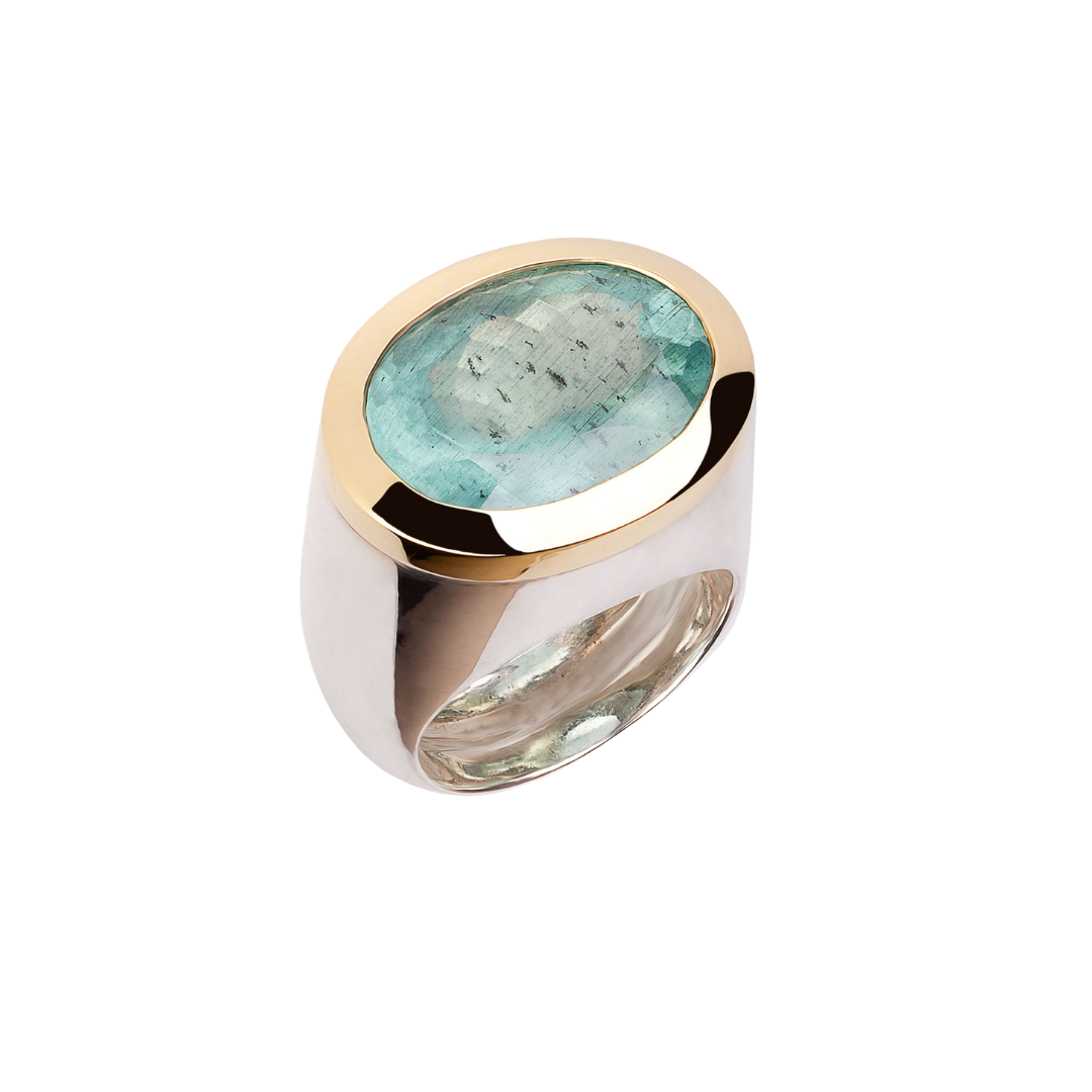 Aquamarine Signet Ring, 24K Gold, Silver