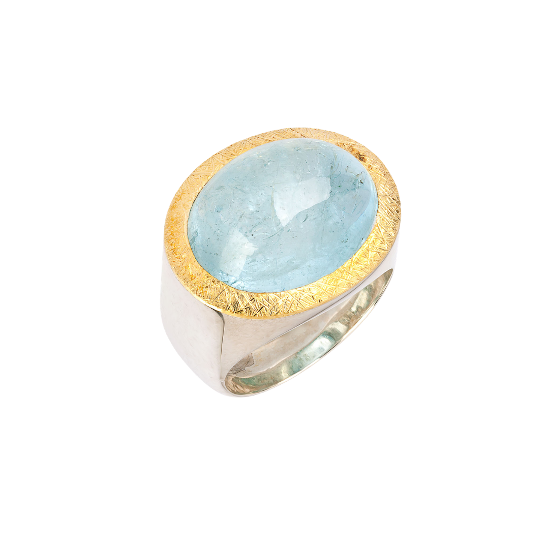 Aquamarine Signet Ring, 24K Gold, Silver