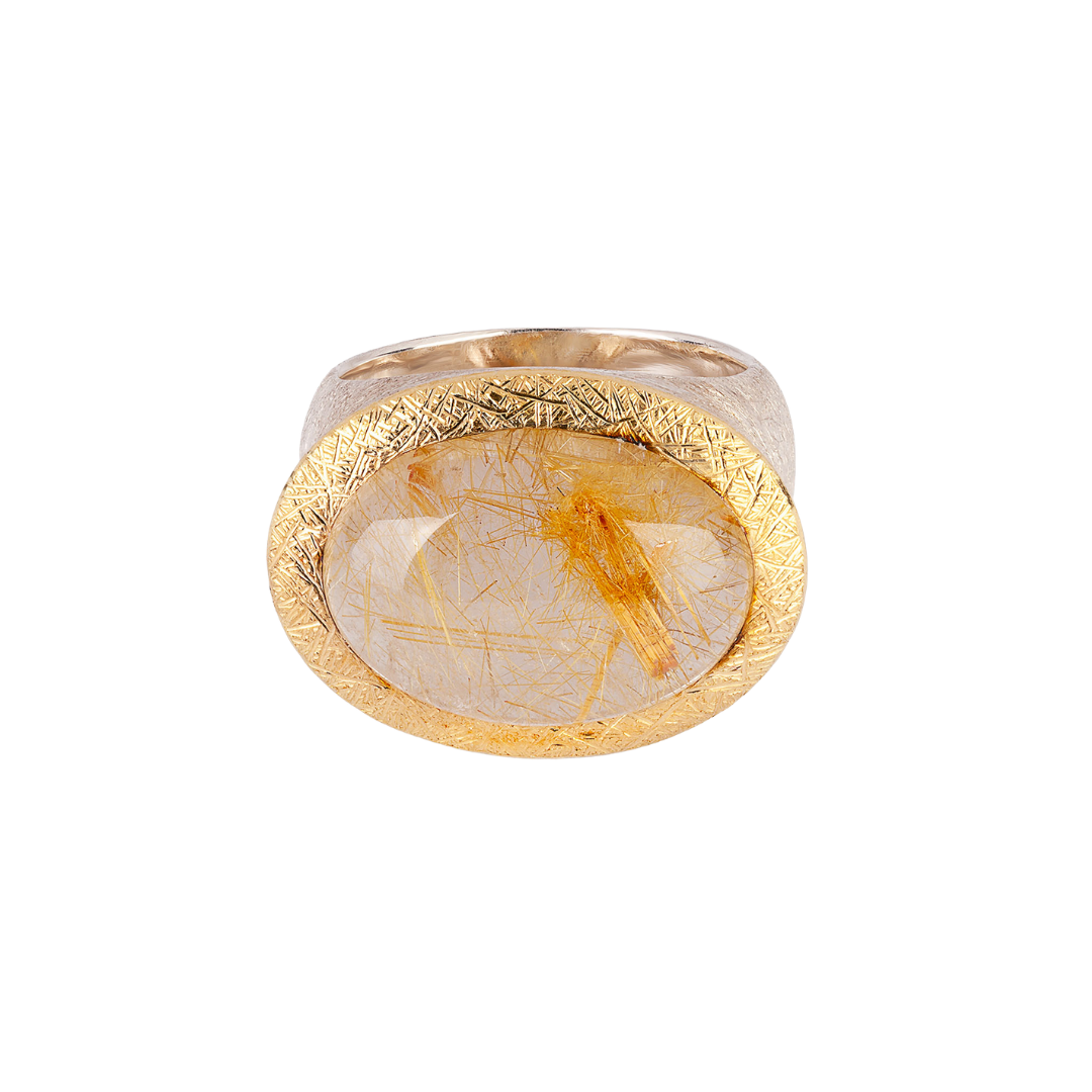 Ring with rutilated quartz, 24K Gold, Silver