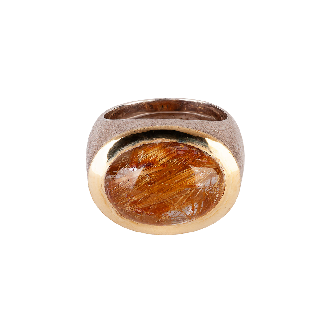 Ring with rutilated quartz, 24K Gold, Silver