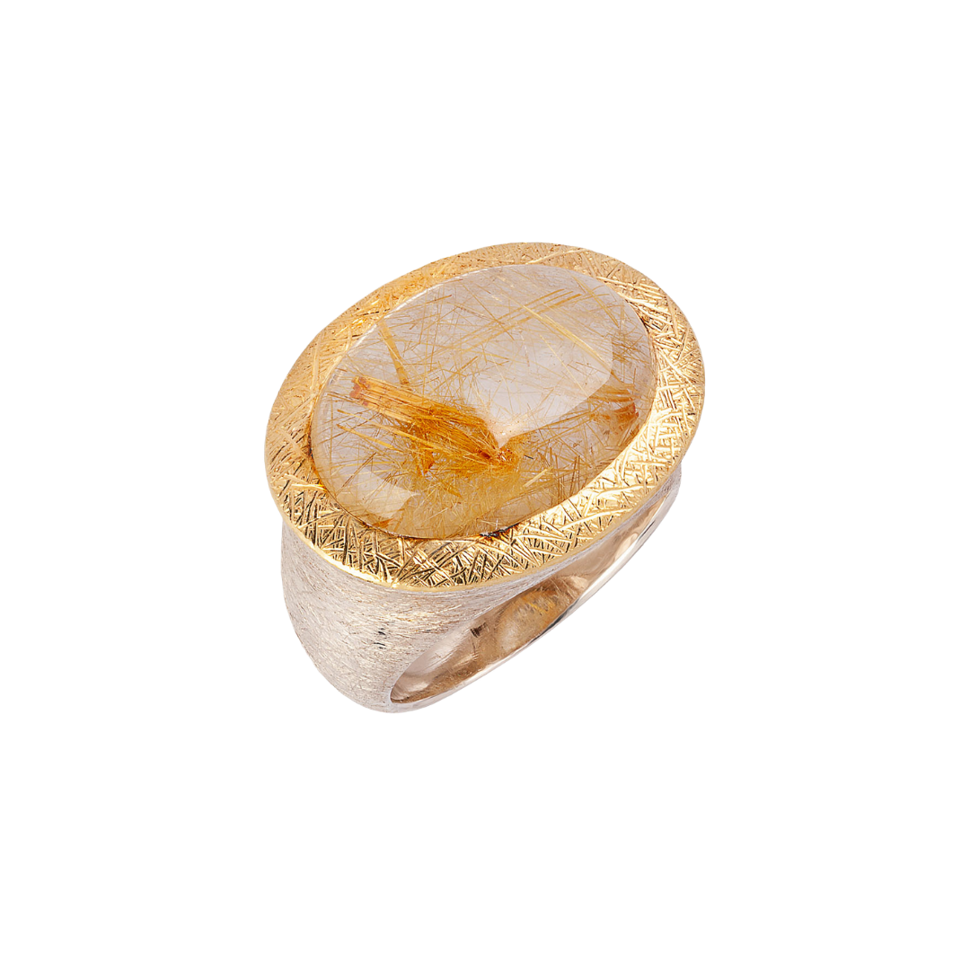 Ring with rutilated quartz, 24K Gold, Silver