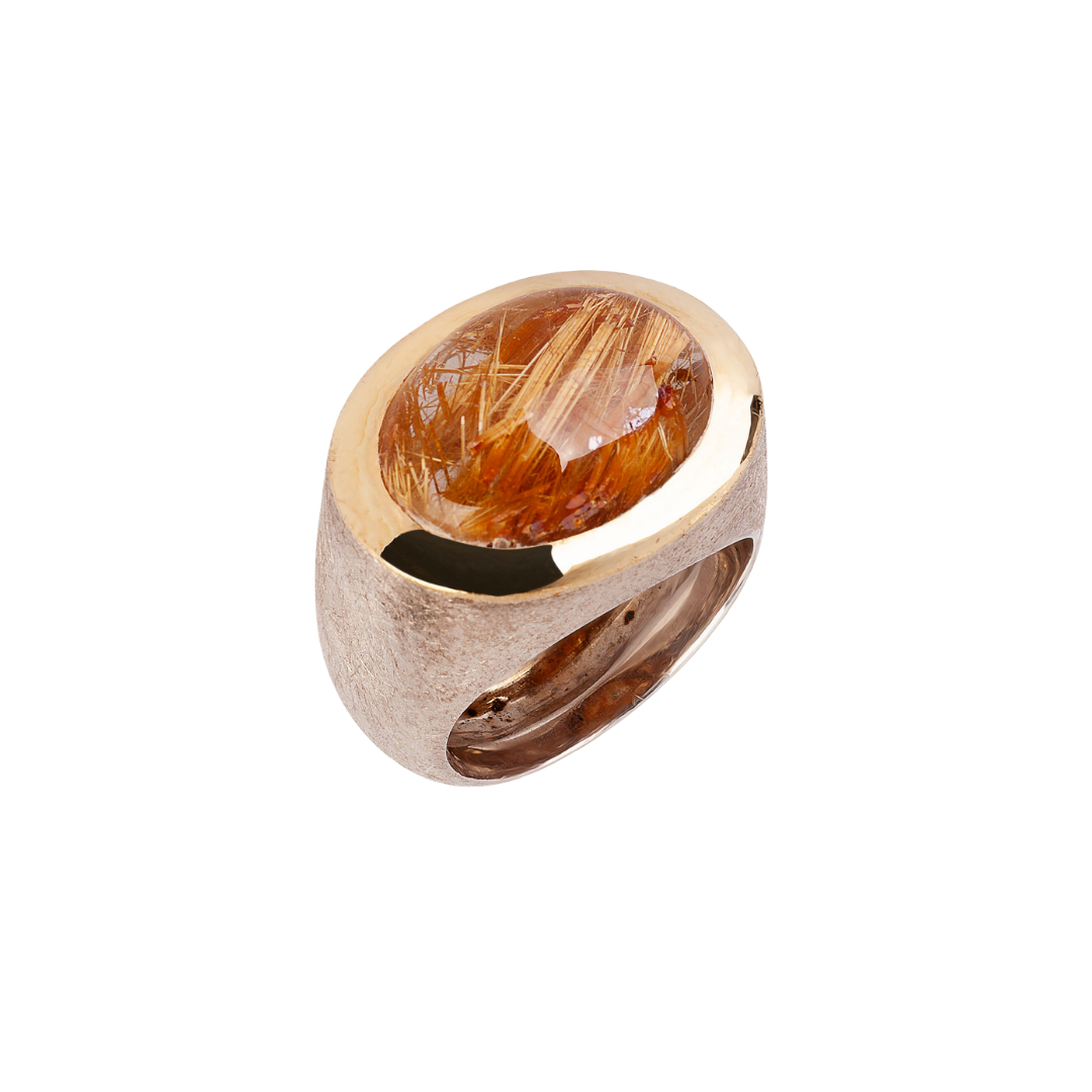 Ring with rutilated quartz, 24K Gold, Silver