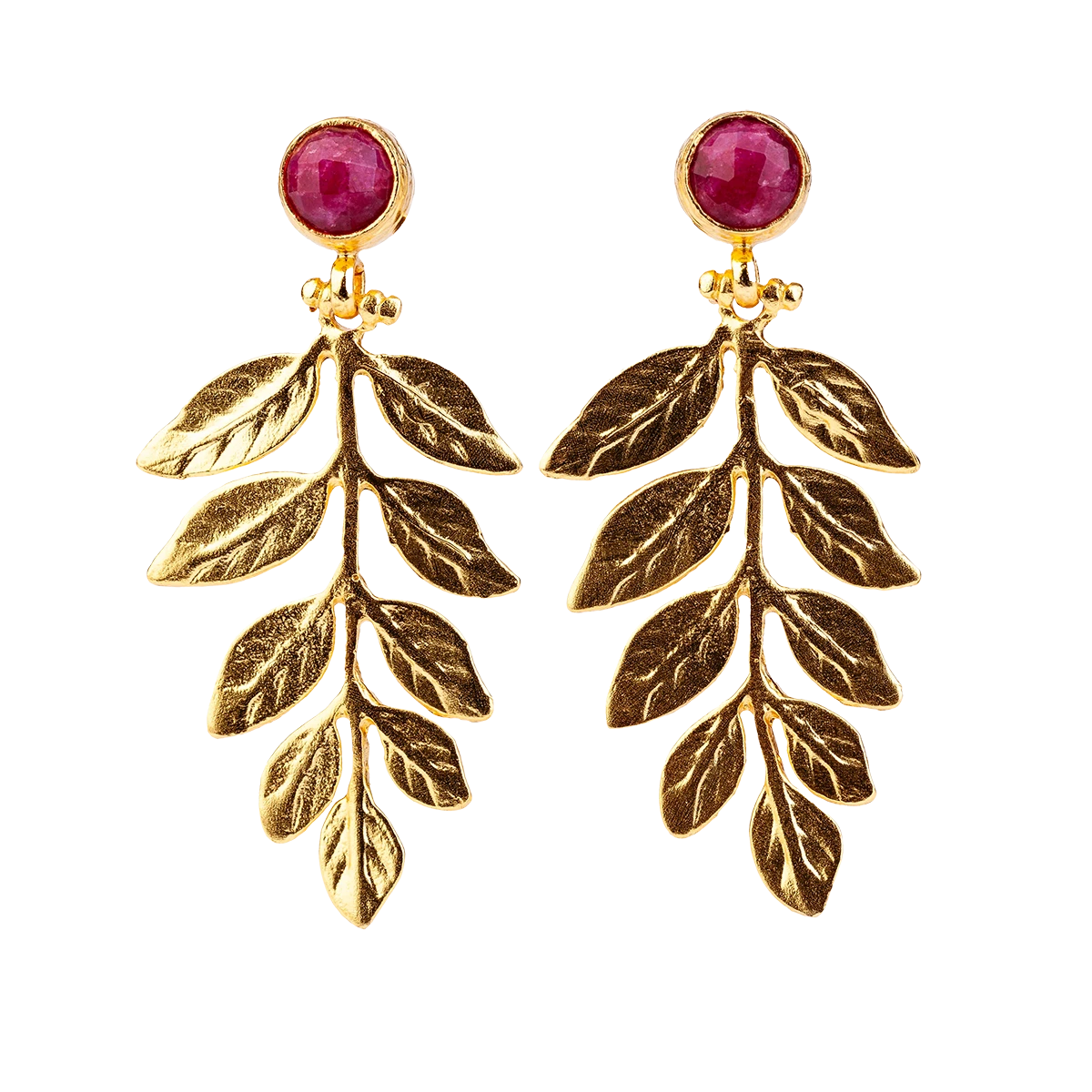 Gilded bronze branch earrings with red jade