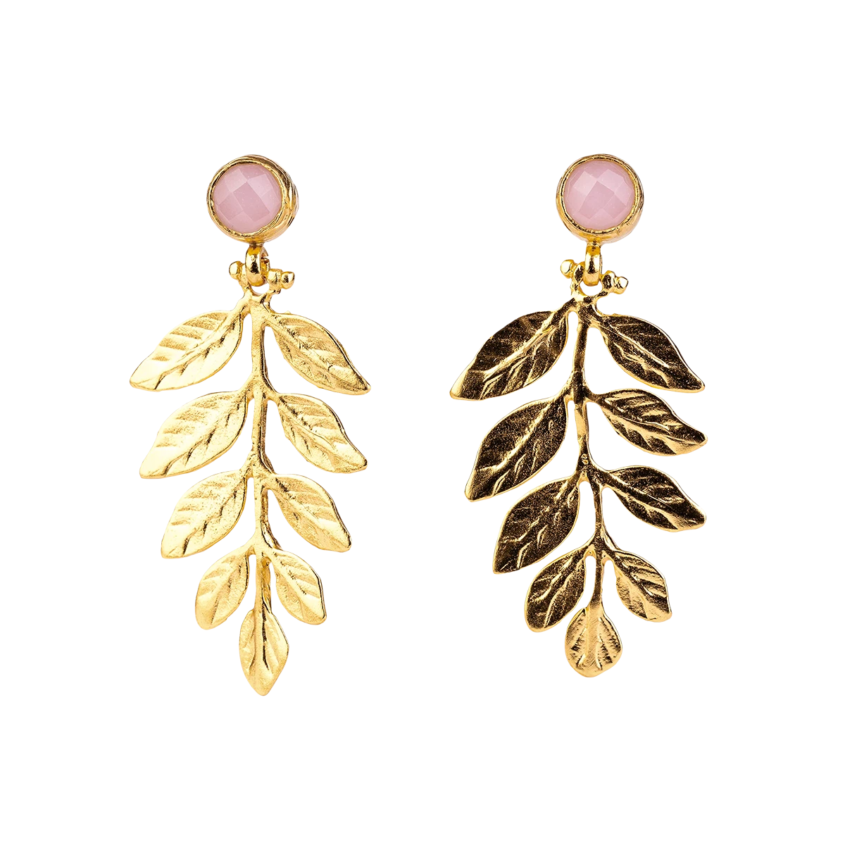 Gilded bronze twig earrings with rose quartz