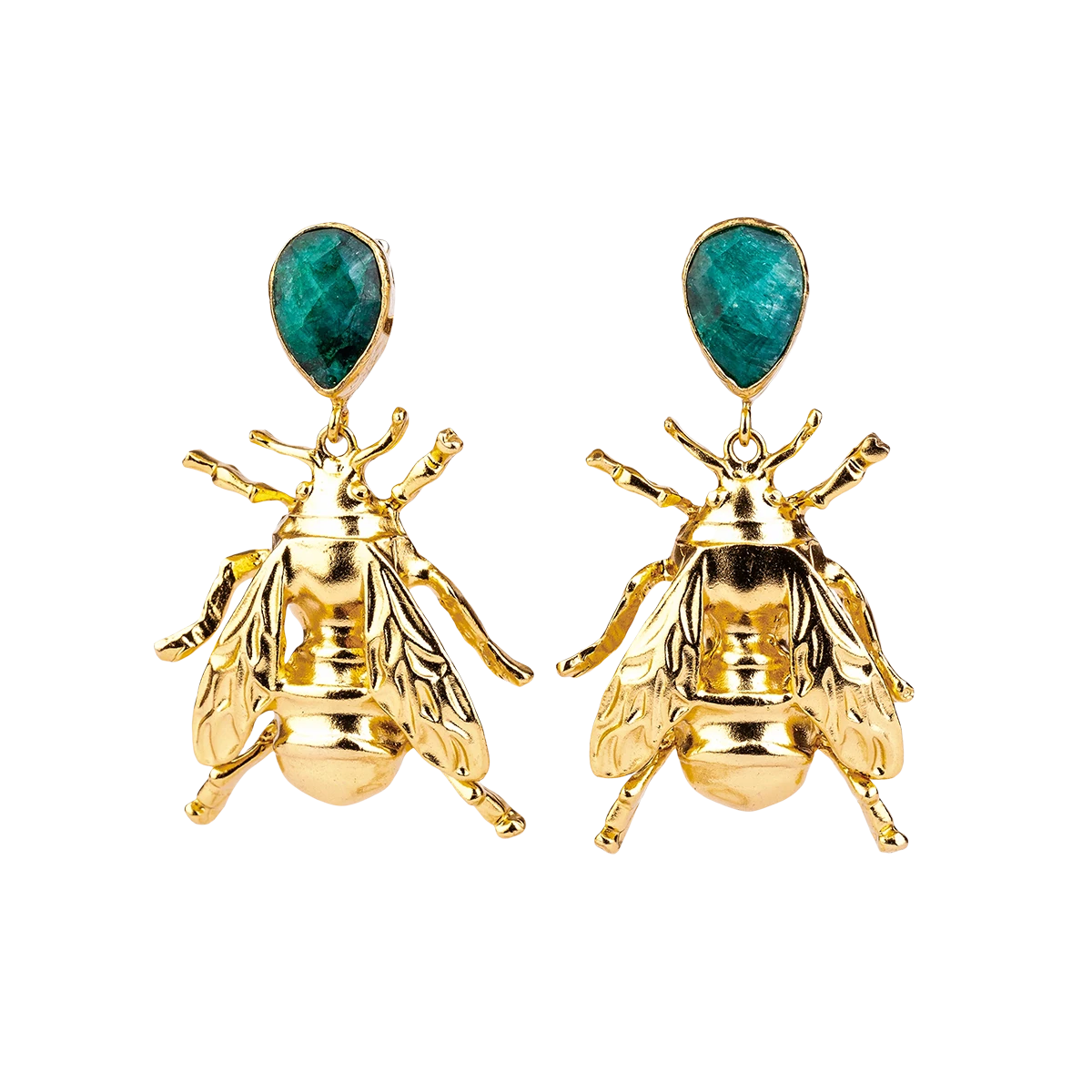 Gilded bronze bee emerald earrings