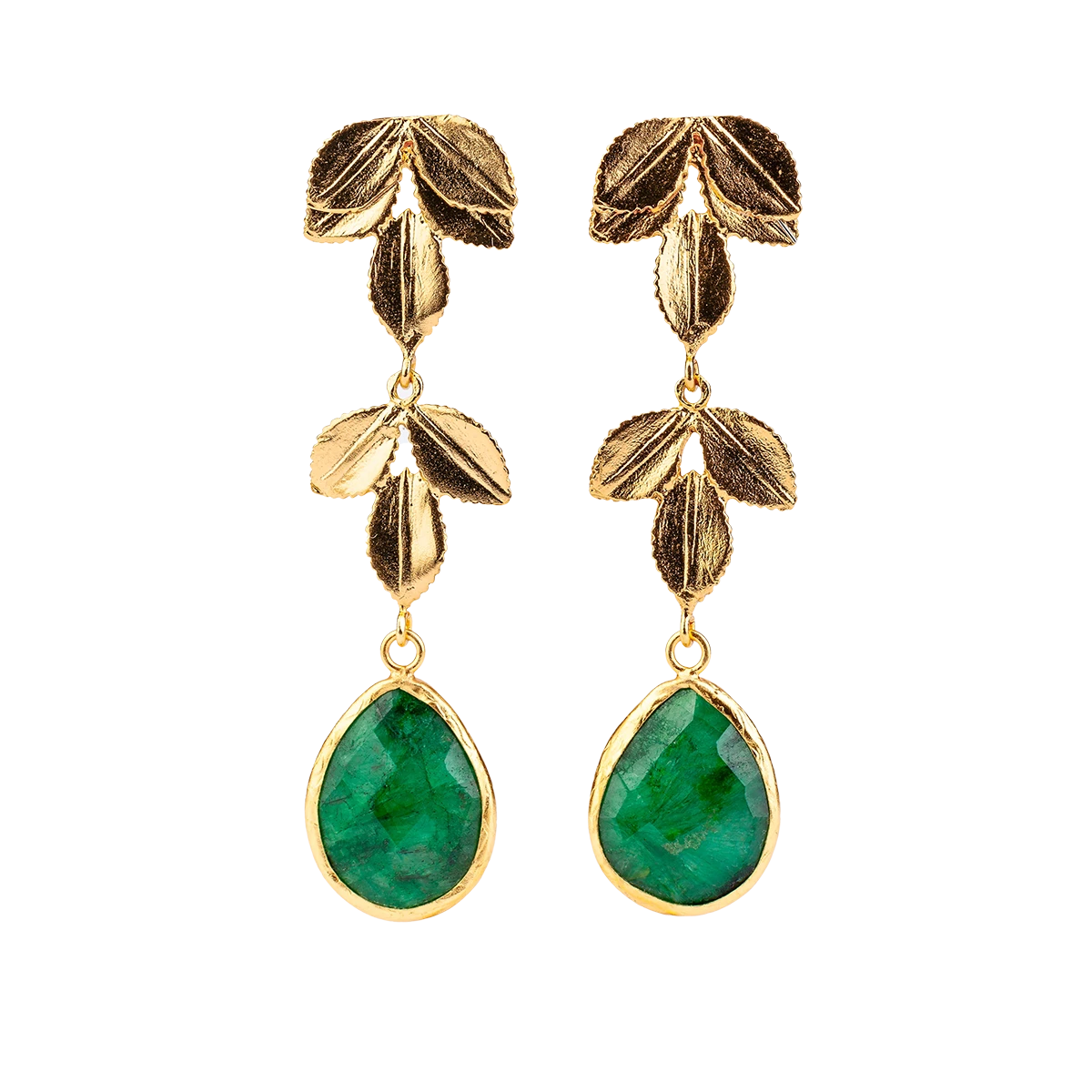 Gilded bronze dangle earrings with emeralds