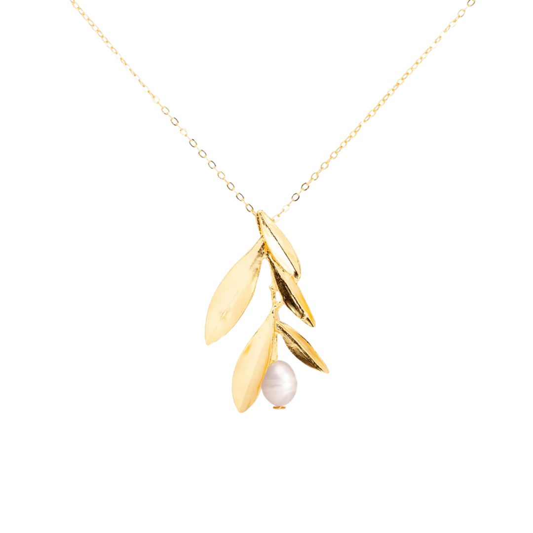 Gold-plated bronze olive branch necklace with a white pearl