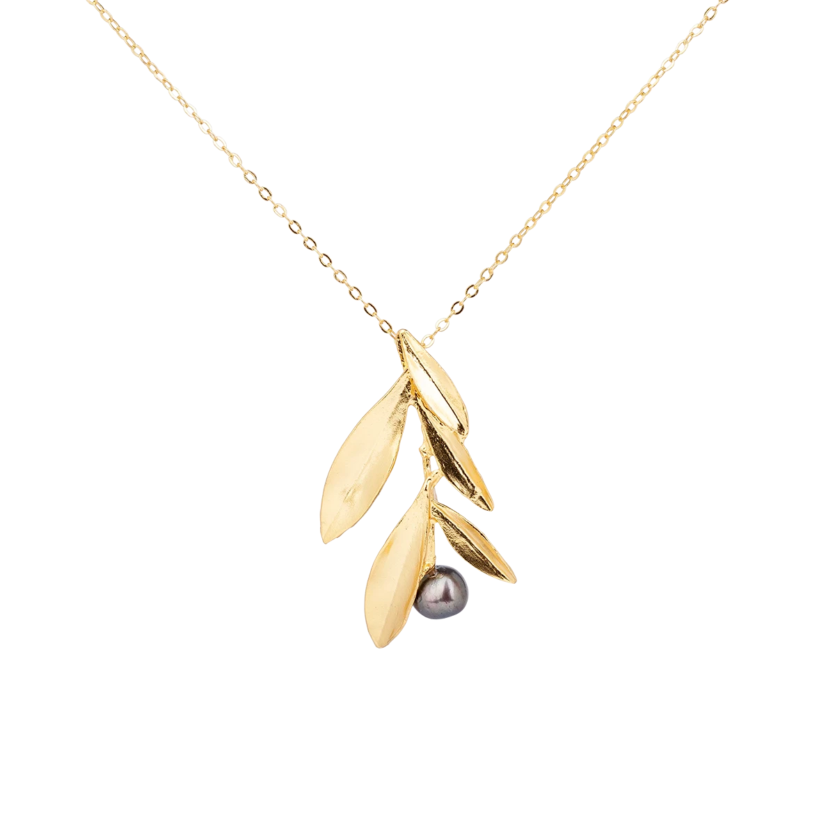 Gilded bronze olive branch necklace with a black pearl