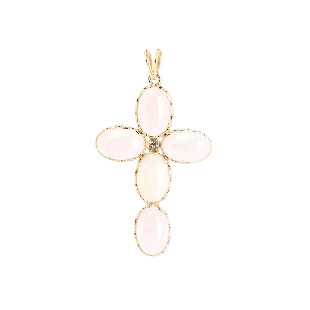 Gold cross pendant with green beryls / morganites and a diamond