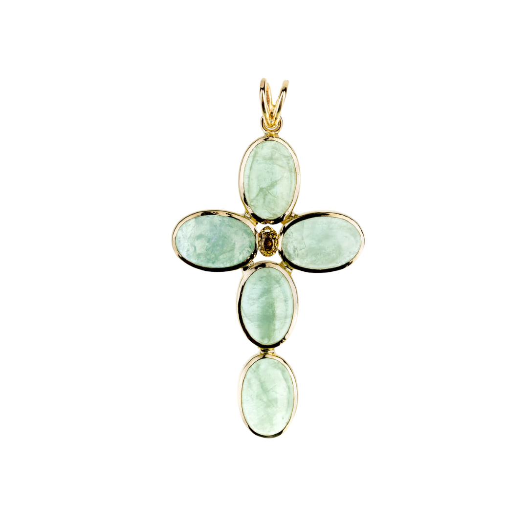 Gold cross pendant with green beryls / morganites and a diamond