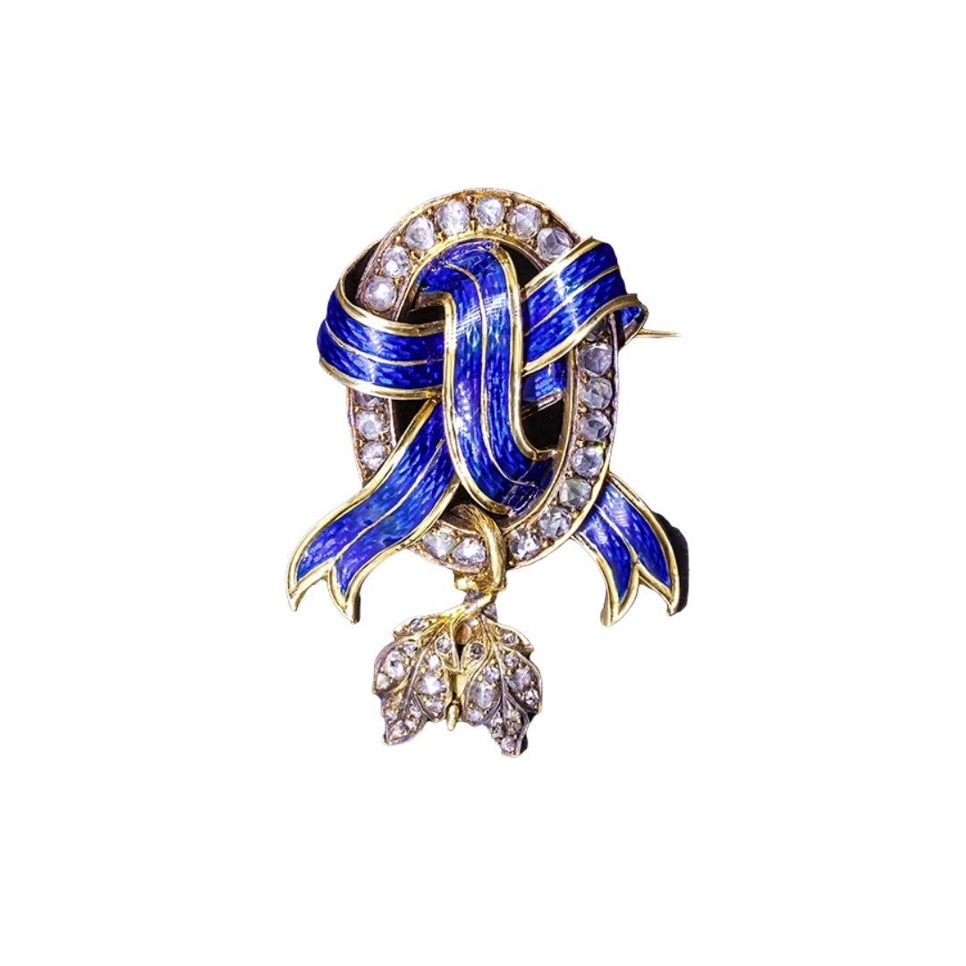 Gold wreath brooch with navy blue enamel and diamond rosettes, 19th century, Paris