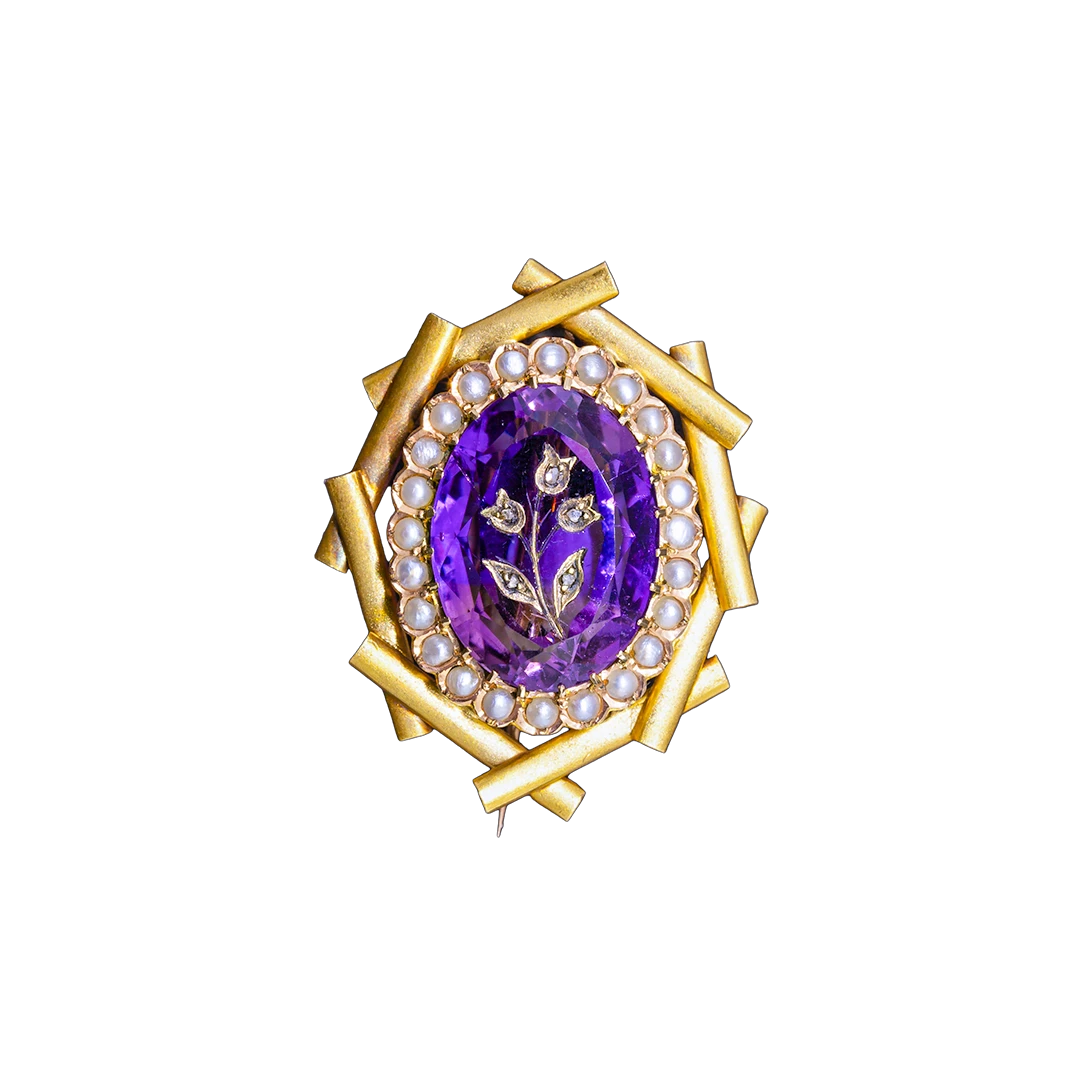 Gold brooch with amethyst, pearls, and rose-cut diamonds, first half of the 20th century.