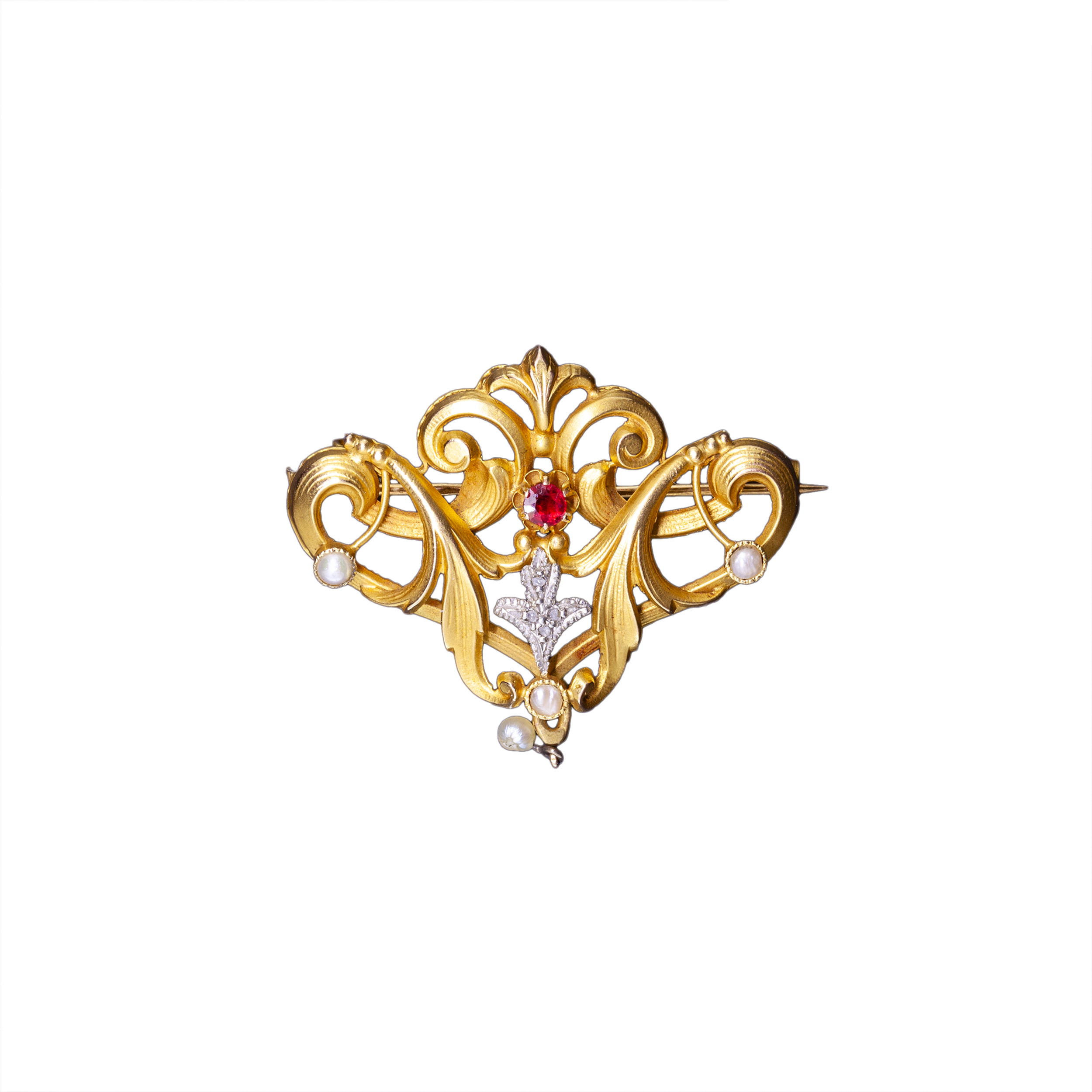 Gold brooch with a garnet, rosettes, and pearls, 2nd half of the 19th century, France