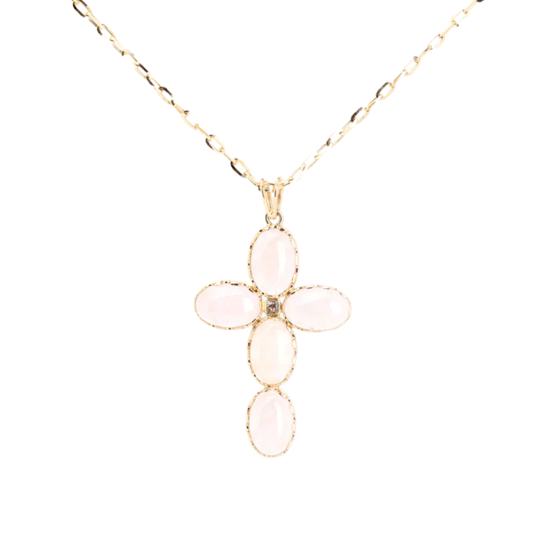 Gold cross pendant with green beryls / morganites and a diamond