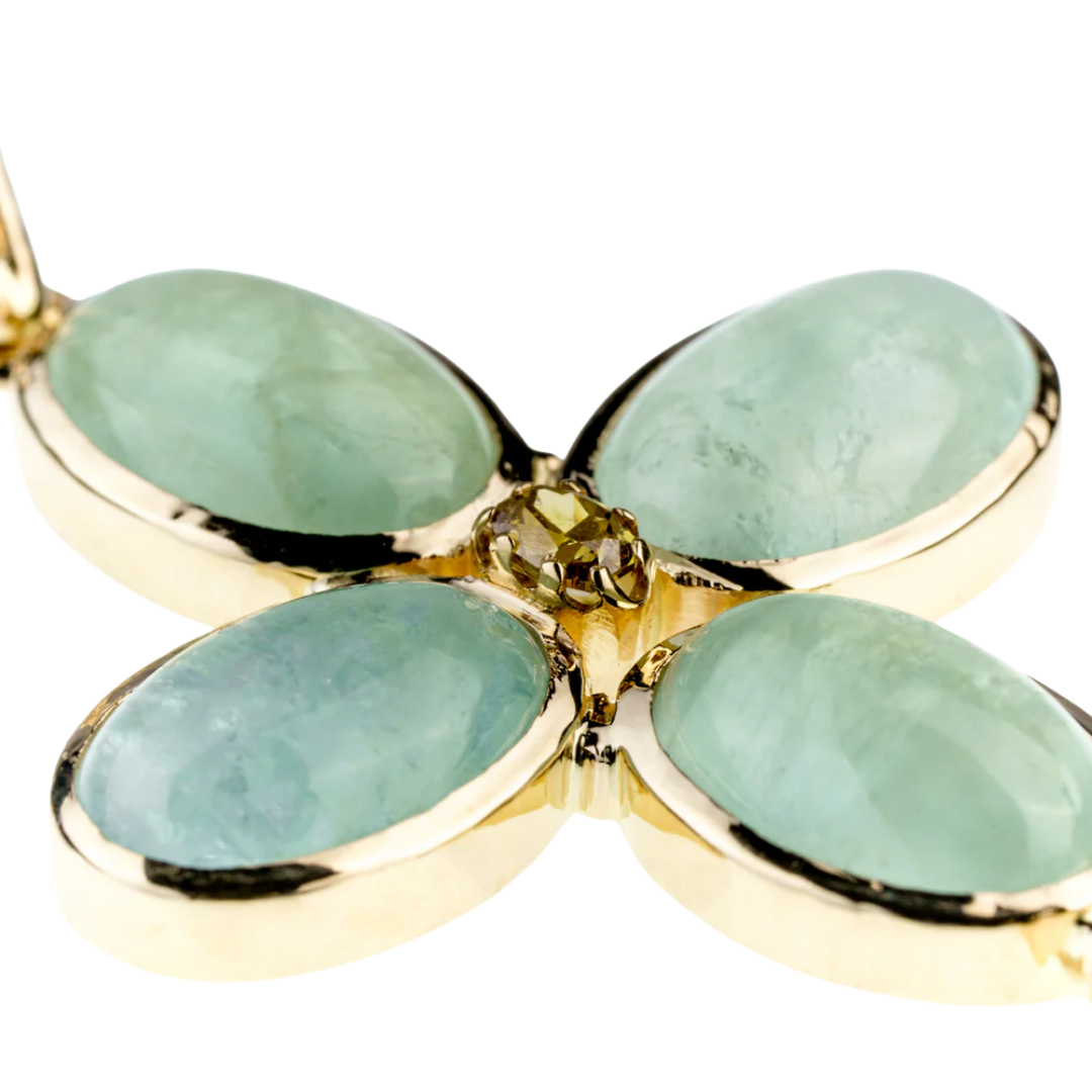 Gold cross pendant with green beryls / morganites and a diamond