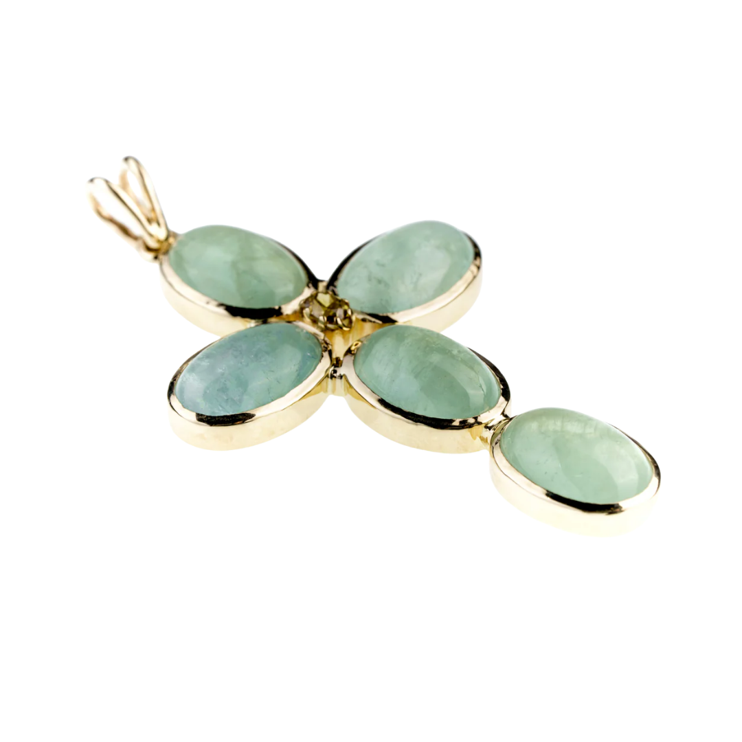 Gold cross pendant with green beryls / morganites and a diamond