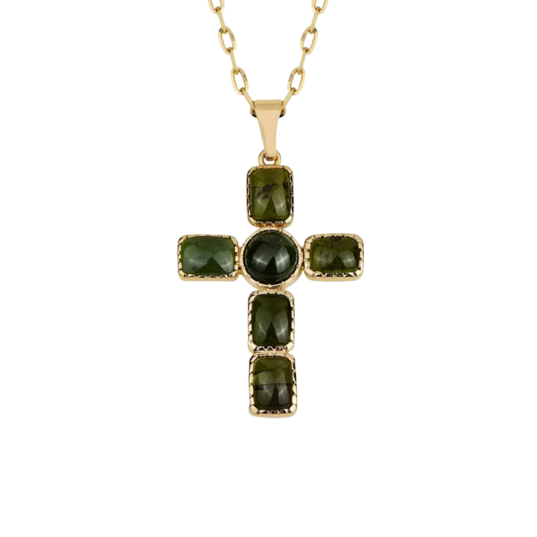 Gold cross pendant with green tourmalines