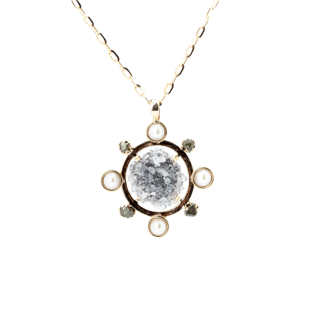 Gold pendant with raw amethyst, raw diamonds and pearls