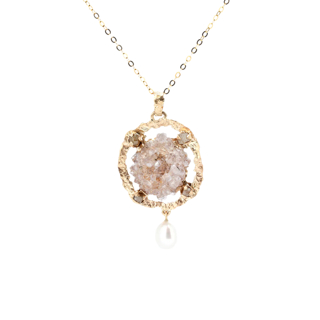 Gold pendant with raw quartz, raw diamonds and a white pearl