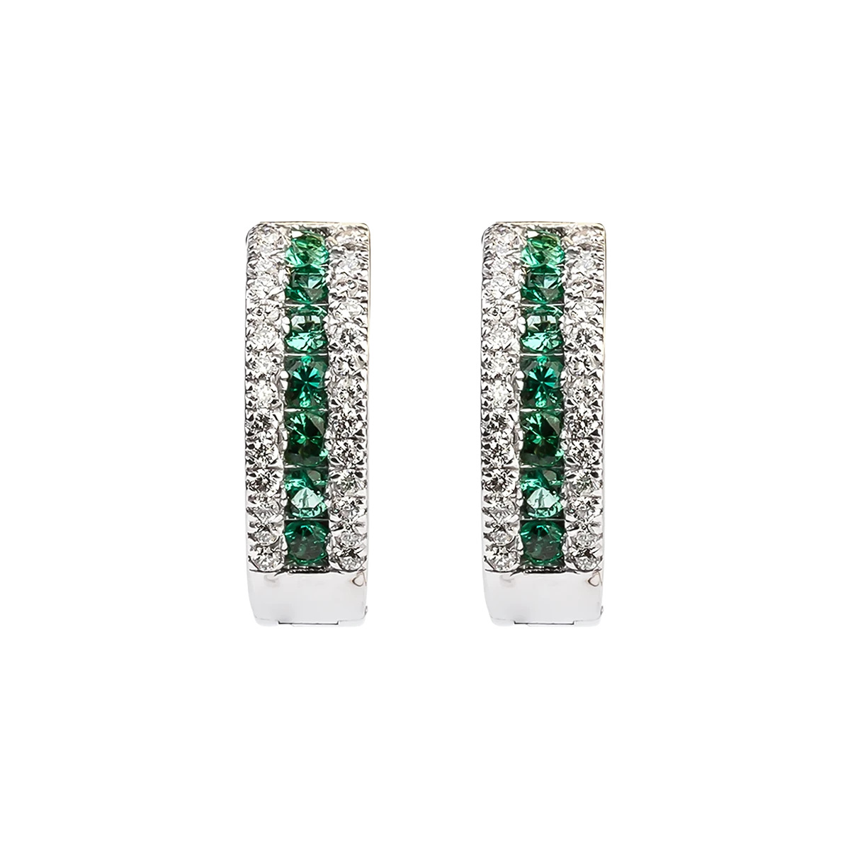 Gold hoop earrings with diamonds and emeralds