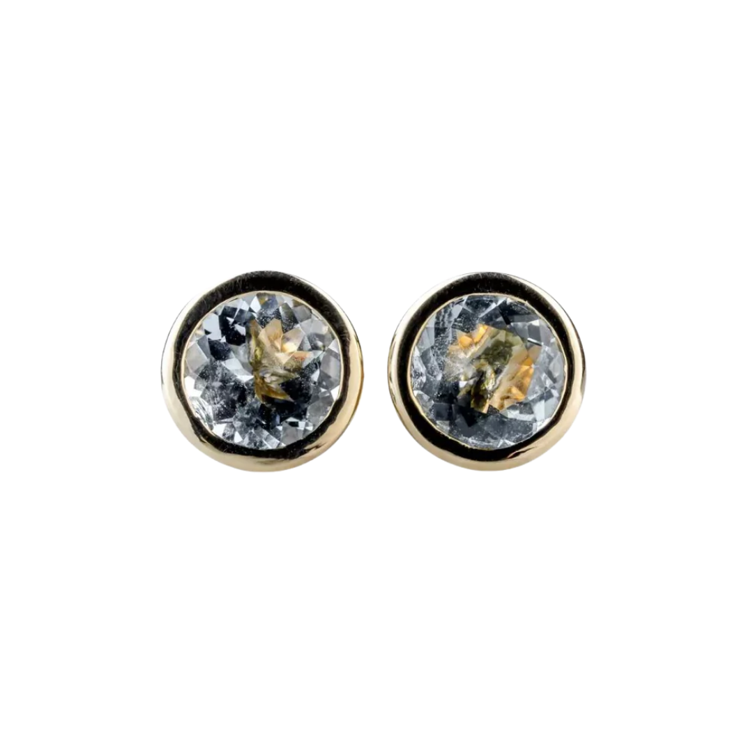 Gold stud earrings with 3 ct aquamarines in a bezel setting