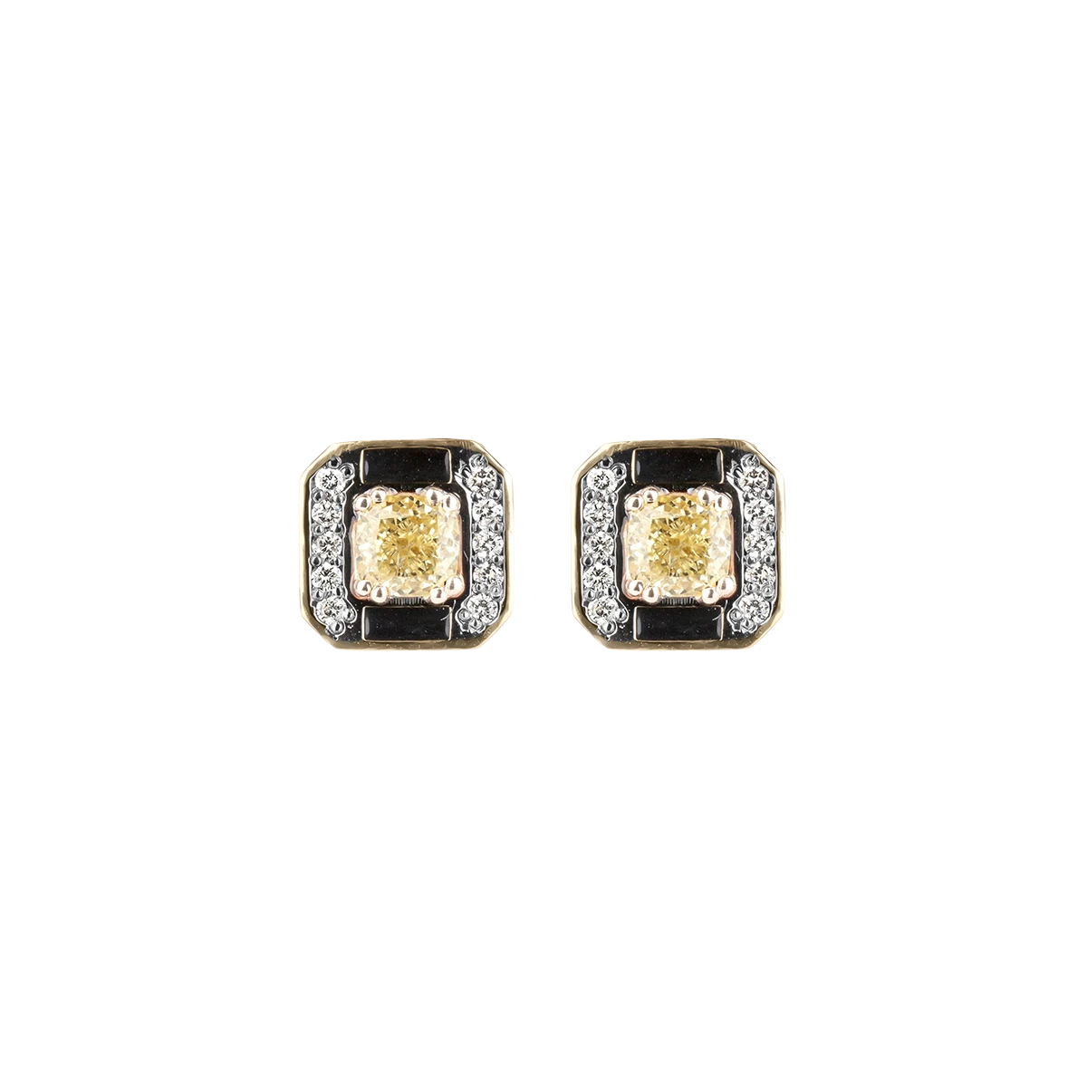 Gold earrings with brilliant-cut diamonds, Fancy Yellow diamonds, and black enamel